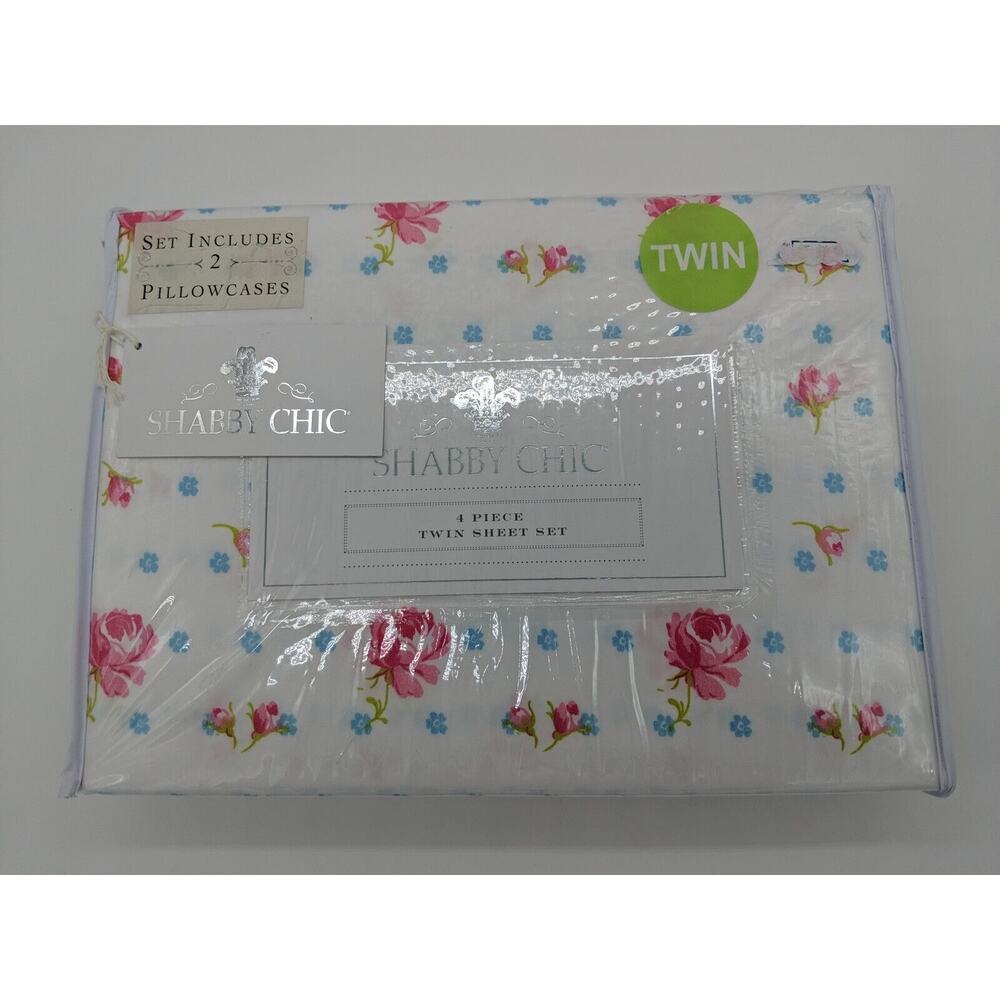 Shabby Chic By Rachel Ashwell Twin Sheet Set 4pc Pretty Pink & Blue Floral NEW!